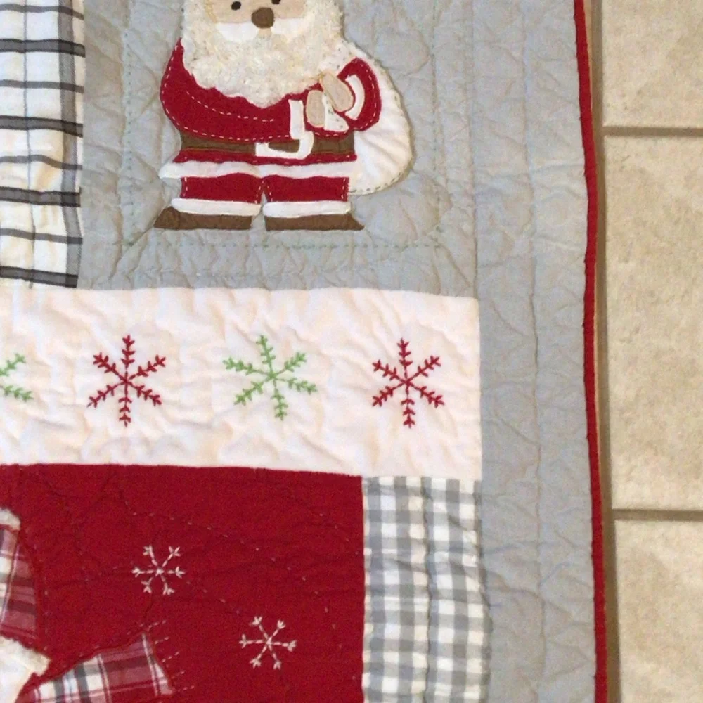 Pottery Barn Kids Holiday Quilt with Santa, Snowman, Reindeer - Red, Green, Gray